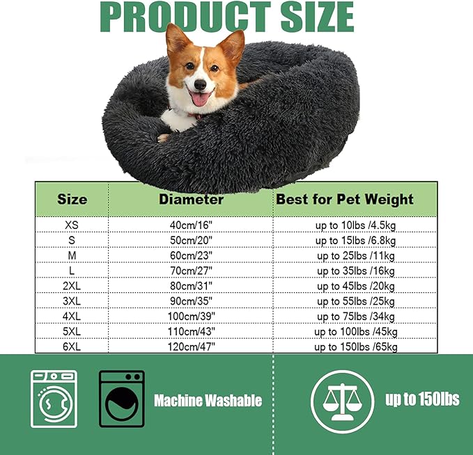 Calming Faux Fur Dog Beds Calming Donut Cuddler Dog Bed Washable Round Cat Bed Pillow Cuddler Fluffy Indoor Dog Calming Beds with Anti Slip Bottom Solid Color Hot Pink 43 Inch