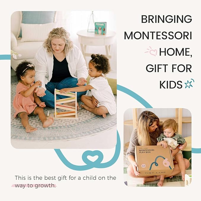 Tiny Land Montessori Toy Set for Baby 16-18 Months Adventure Play Kit - 7-in-1 Ramp Race Track, Shape Sorting and Color Matching Box, Lacing Beads Set, Silicone Nesting Dolls, Animals Board Book