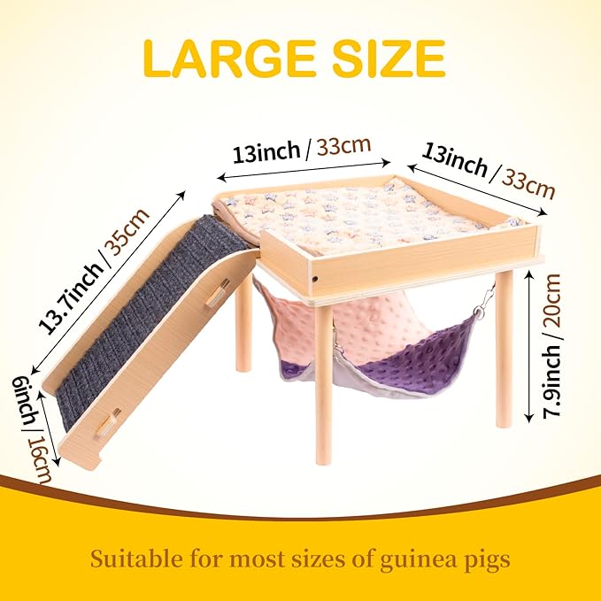 Enlarged Guinea Pig Hammock with Platform and Stairs,Wooden Small Animal Hideout for Guinea Pigs Bunny Ferret Hamster Hiding Sleeping Activities(Single)