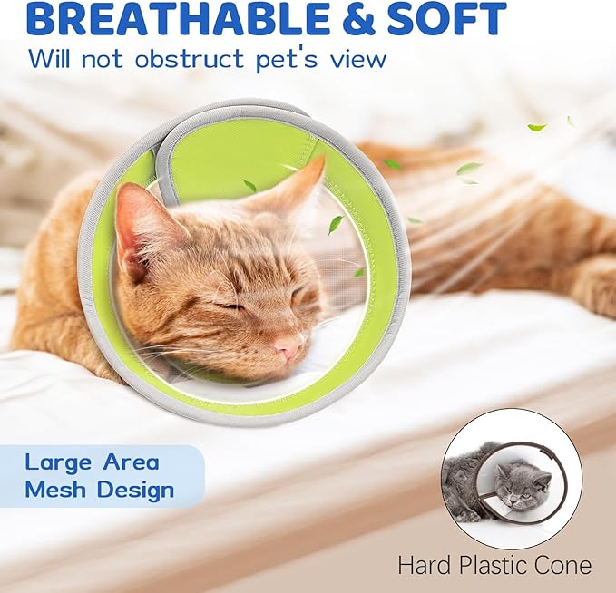 Breathable Air Mesh Cat Cone Collar Soft to Stop Licking, Adjustable, Foldable Lightweight Kitten Cones After Surgery Recovery for Cats & Kittens (Yellow Green, S)