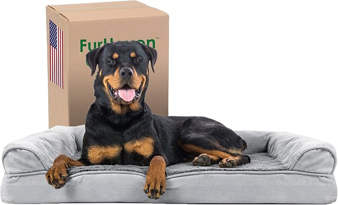 Furhaven Orthopedic Dog Bed for Large Dogs w/ Removable Bolsters & Washable Cover, For Dogs Up to 95 lbs - Plush & Suede Sofa - Gray, Jumbo/XL