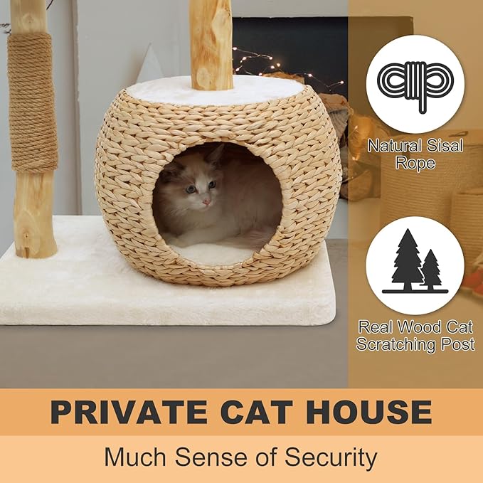 Modern Cat Tree Tower for Indoor Cats, Real Branch Luxury Cat Condo with Scratching Post, Jumping Platforms, Hanging Toy Ball for Multi-Cat Households