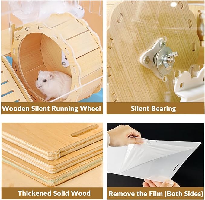 Cycodo 8 in 1 Acrylic Hamster Cage,2-Tier Dwarf Hamster Cage with Wooden Wheel & Hideout,Small Hamster Habitat with Accessories,Clear Pet Mice House(Blue,14" L*10" W*11" H)