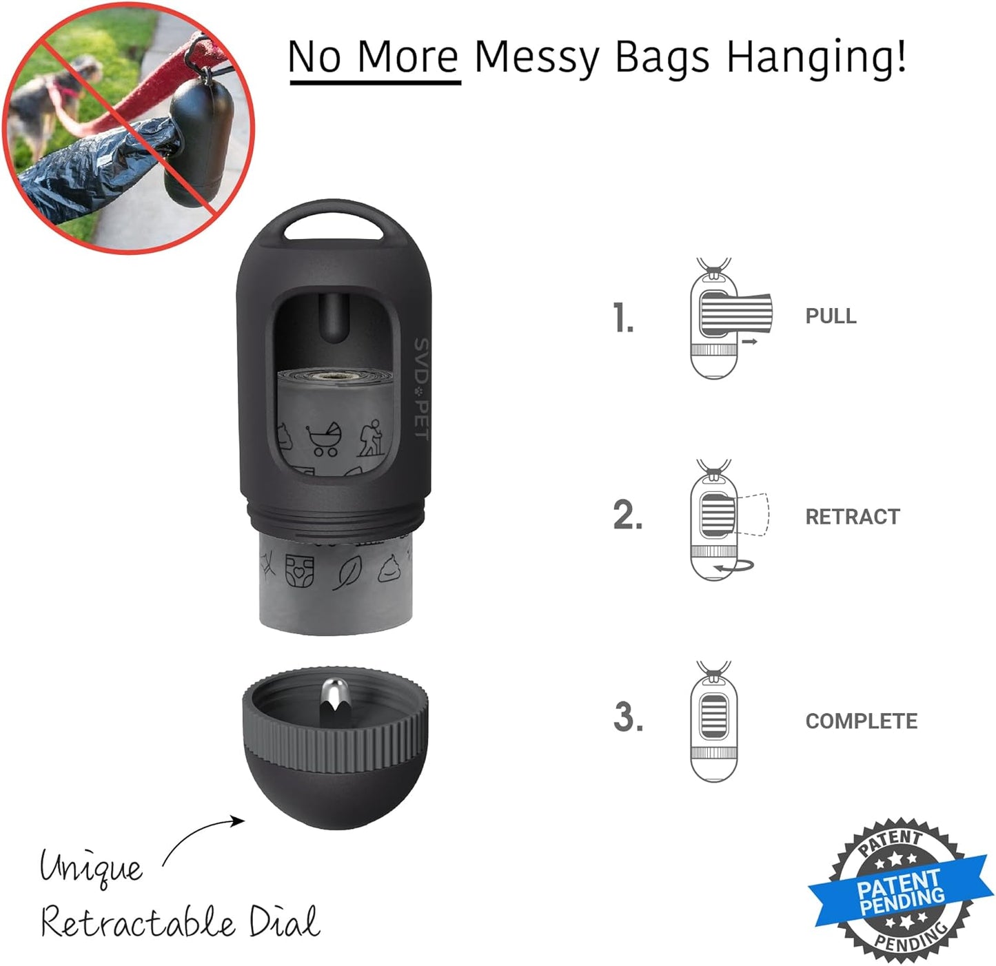 SVD.PET [2-Pack] Retractable Waste Bag Dispensers Gift Set, 2 Pet Waste Bag Holders with 60 large Waste Bags, Dog Walking Accessory Gift Value Pack (Black & Columbia Blue)