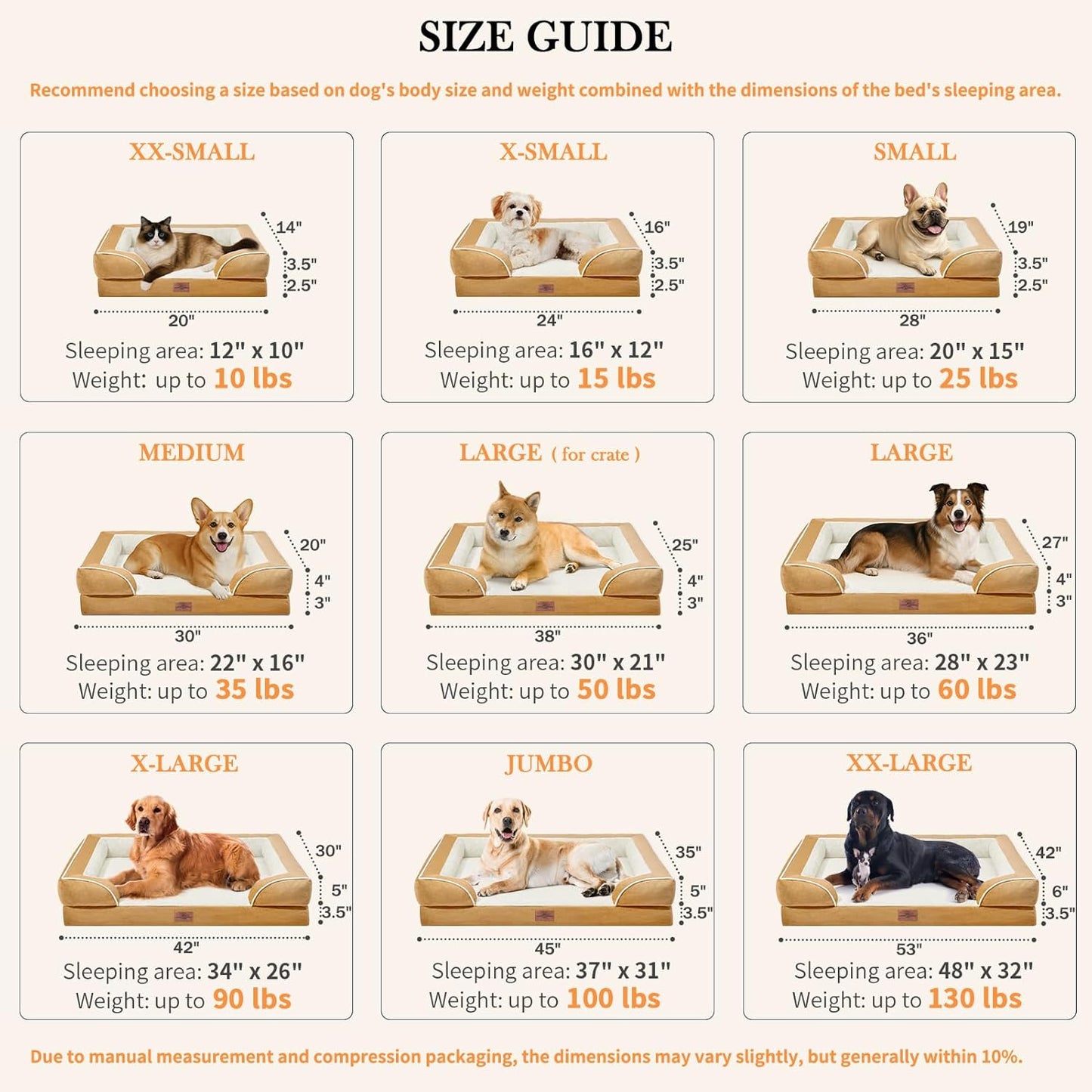 Comfort Expression XXL Orthopedic Dog Bed, Waterproof Dog Beds for Extra Large Dogs, Washable Pet Sofa Couch with Removable Cover & Non-Slip Bottom(XX-Large,Khaki)