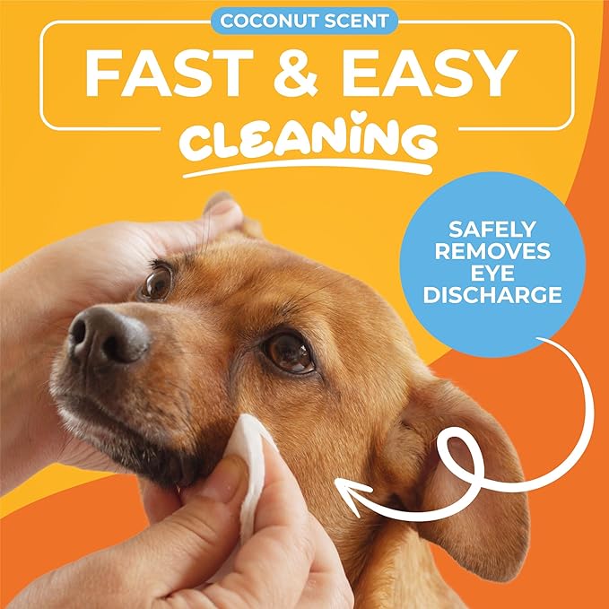 Dog Eye Wipes - Hypoallergenic Eye & Face Wipes for Dogs, Cats, and Puppy - Pet Tear Stain Remover and Cleaner - Gently Cleans and Removes Discharge, Crust, and Gunk - Coconut