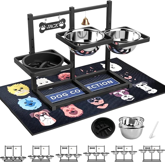 Elevated Dog Bowl Stand for Medium/Large Dogs with Slow Feeder & Mat, Adjustable Height 3.9'',5.5'',7.1'',8.7'',10.2'',11.8'', 58oz Raised Triple Dog Food Water Bowls