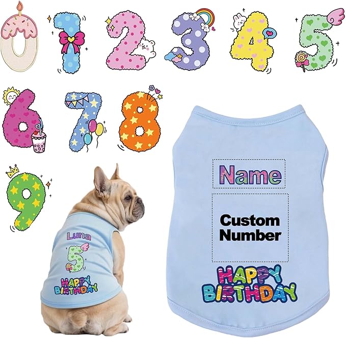 Custom Dog Birthday Shirt,Personalized Pet Apparel Print with Name Age Number,Pet Birthday Outfit,Lightweight Breathable Cotton Vest for Small Medium Large Dogs Cat (Blue, X-Small)