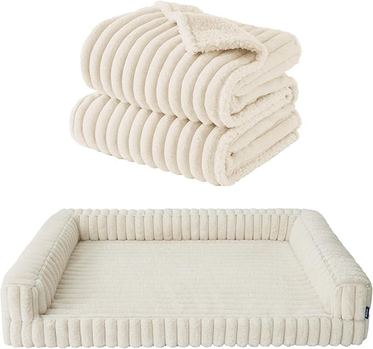 Bedsure ComfyFleece Orthopedic Dog Bed with Waterproof Dog Blanket for XL Dogs, Cream