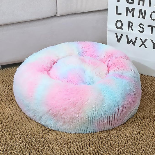 Calming Dog Bed for Small Dogs, Calming Donut Cuddler Pet Bed Anti Anxiety Round Dog Bed Fluffy Plush Faux Fur Cat Bed,Colorful Pink,19.7IN