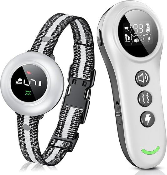 2-in-1 Dog Shock Collar & Dog Bark Collar - Smart Anti Barking Dog Training Collar with 5 Adjustable Sensitivity & 3300FT Remote for All Breeds IP67 Waterproof Rechargeable E-Collar (White)