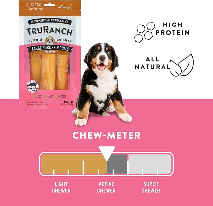Large Pork Skin Rolls - Smoked Collagen Rolls - Collagen Chews for Dogs - Real Pork Skin - Rawhide Alternative - Easy to Digest Treat, 1 Bag, 3 Count