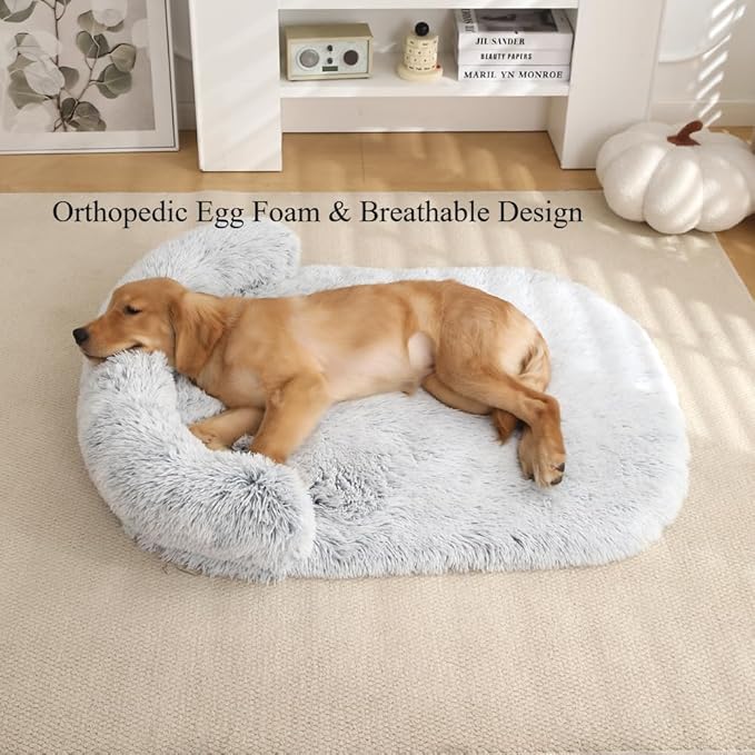Calming Dog Bed - Fluffy Plush Mat with Removable Washable Cover | Furniture Protector for Large Dogs & Cats(Khaki,21.65X15.75X4.33in)