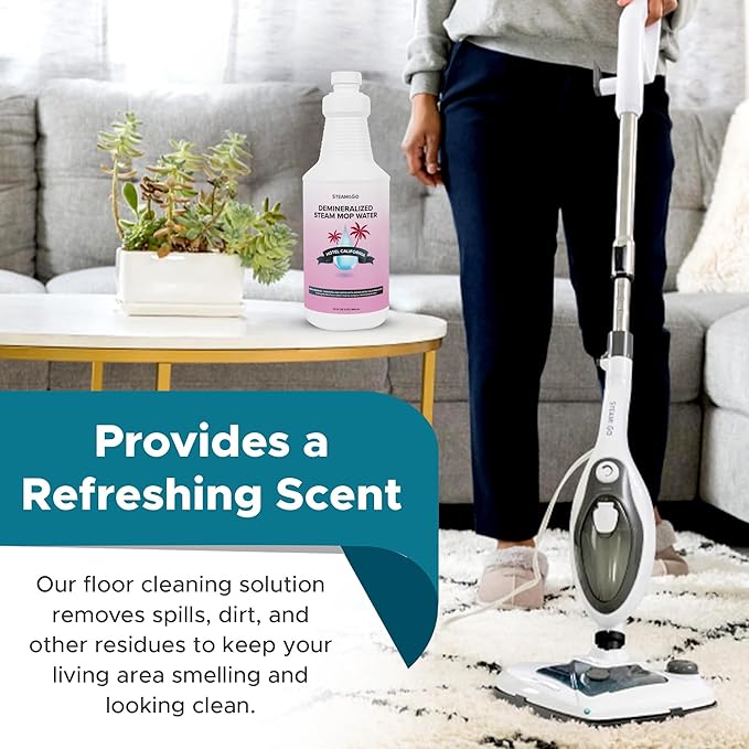 Steam & Go Deminerilized Water - Multi-Surface Cleaner for Steam Cleaners, Hardwood Floors, Kitchens, & Bathrooms - Germ-Killing Formula - Hotel California Scent - 32 Ounces (Pack of 18)