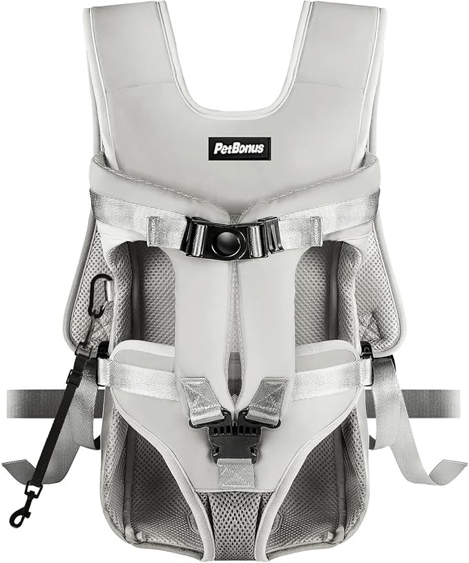 PetBonus Pet Front Dog Carrier Backpacks, Adjustable Pet Backpack, Legs Out Easy-fit Puppy Chest Carrier for Medium Small Dogs, Hands Free for Hiking, Cycling (Grey, S)