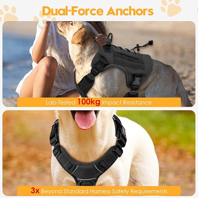 Heavy-Duty Tactical Dog Harness for Large Dogs, No Pull Adjustable Reflective Pet Vest with Molle System, K9 Military-Grade Control for Service Training, Outdoor & 10+ Breeds, Black, X-Large