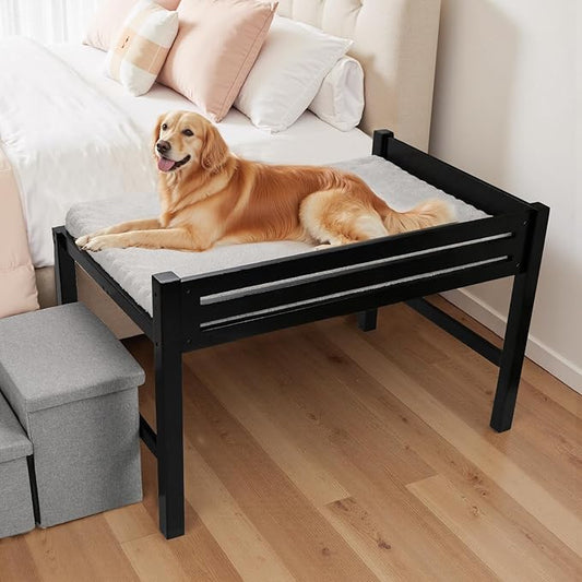 Bedside Dog Bed with Mattress - Raised Wooden Pet Cosleeper with Guardrail, Removable Mattress & 3-Step Foldable Stairs, Freestanding Bassinet-Style Elevated Dog Bed for Large Sized Dogs