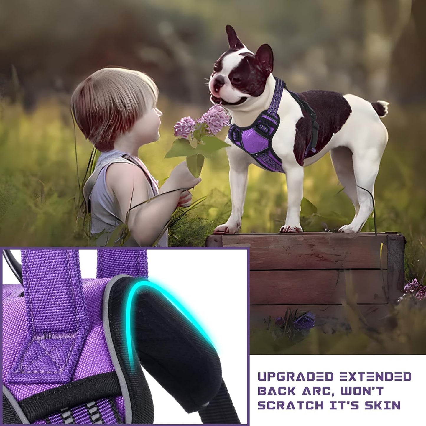 BUMBIN Dog Harness for Large Dogs, No Pull Adjustable No Choke Pet Vest with Dog Leash Fit Smart Reflective Pet Walking Harness for Training Easy Control Soft Handle Purple S
