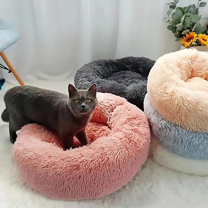 Calming Dog Bed for Small Dogs, Calming Donut Cuddler Pet Bed Anti Anxiety Round Dog Bed Fluffy Plush Faux Fur Cat Bed,Gradient Grey,23.6IN