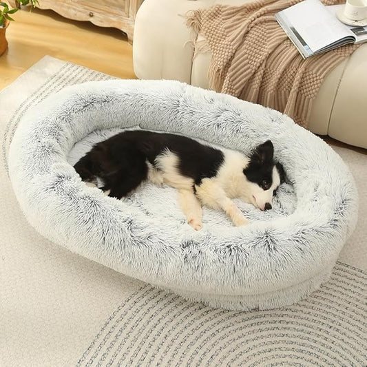 Glow Pups Calming Dog Bed, Memory Foam Bolster, Luxurious Faux Fur, Cozy Oval Design, Machine Washable Cover, Light Grey (41.3 x 29.5 x 9.8)