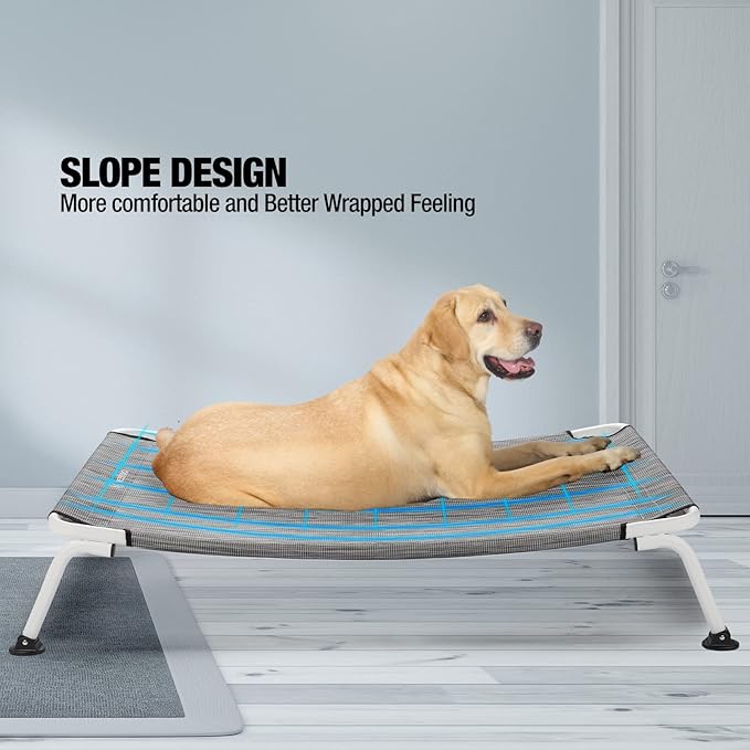 Veehoo Elevated Dog Bed for Outdoor, Cooling Waterproof Raised Dog Cots Beds for Large Dogs, Curved Off Ground Pet Hammock Cot Lifted for Outside, up to 85lbs, White Legs, Black Silver 42"