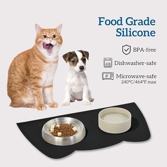 OHMO - Cat Food Mat, Silicone Pet Feeding Mat for Floor Non-Skid Waterproof Dog Water Bowl Tray, Easy to Clean Pet Placemat (Black, 20 * 12'')