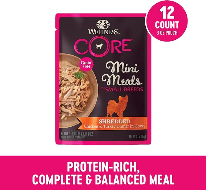 Wellness CORE Natural Grain Free Small Breed Mini Meals Wet Dog Food, Shredded Chicken & Turkey Dinner in Gravy, 3-Ounce Pouch (Pack of 12)