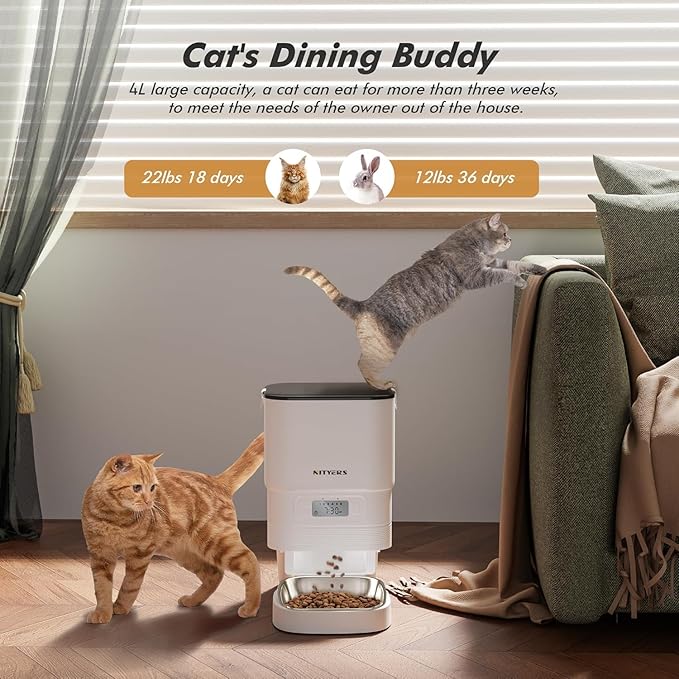 Automatic Cat Feeders - Nityers 4L Dog Automatic Feeders with Stainless Steel Bowl,1-6 Meals Per Day, Programmable Portion Size, Detachable Washable, Auto Pet Feeder for Cats and Dogs