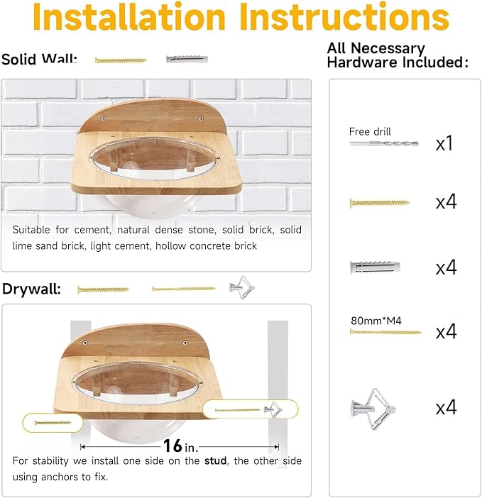FUKUMARU Cat Wall Furniture Set, Transparent Capsule Kitten Walls Shelves with 2 PCS Pedals - Premium Kitty Bed for Sleeping, Playing, Climbing, and Lounging - Easily Holds Up to 35 Lbs