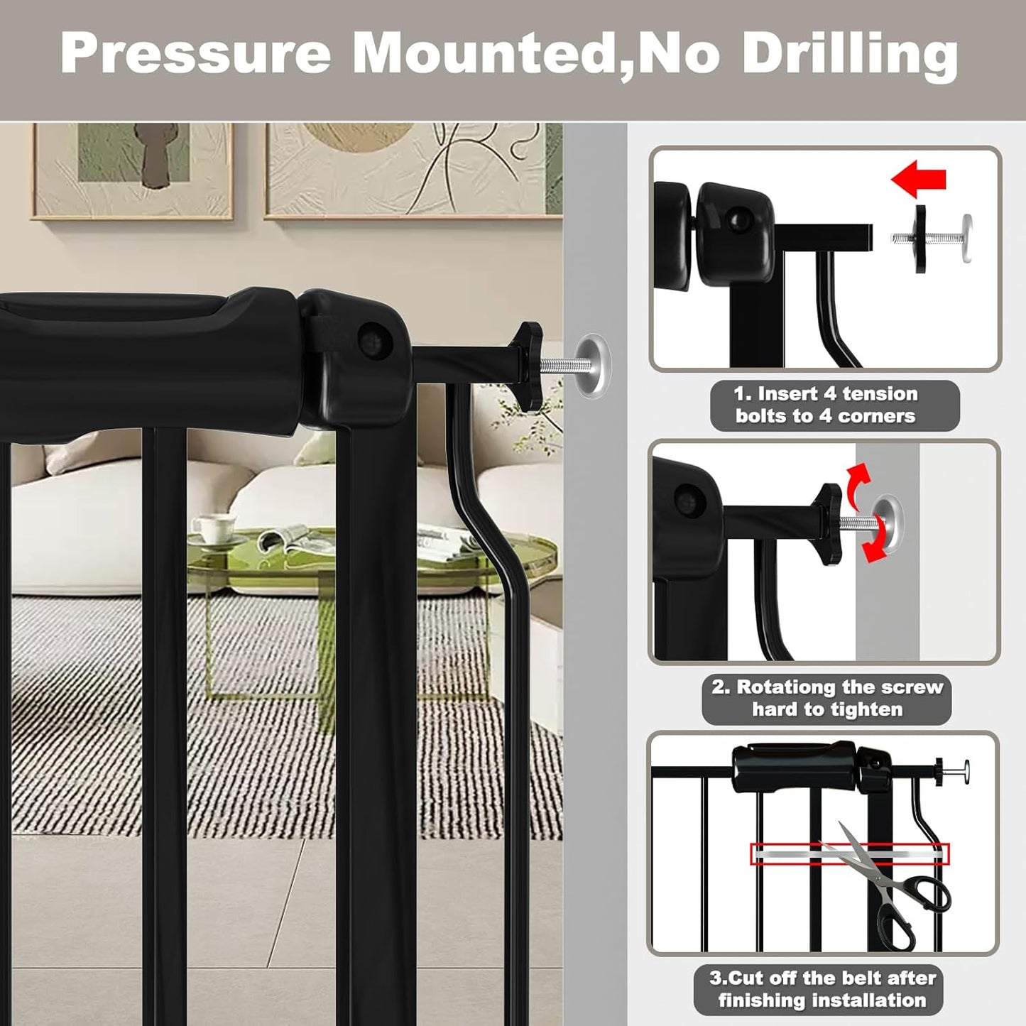 Narrow Baby Gate for Doorways Stairs, 24-29" Wide Pressure Mounted Walk Through Metal Auto Close Safety Child Gatesfor Kids or Pets, Black