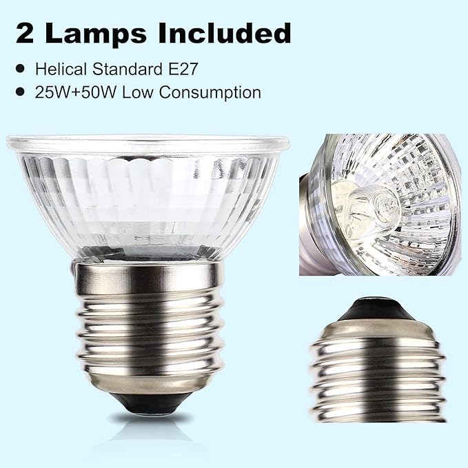 Reptile Heat Lamp, Lamp for Aquarium Turtle Tank with 25w+50w Basking Spot Light Bulbs and 360° Swivel Clamp for Turtle, Snake, Lizard, Cockatoo, Chameleon Etc, Yellow