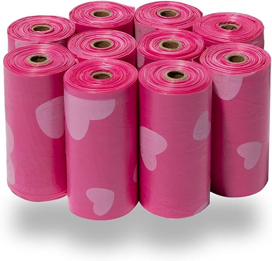 Best Pet Supplies Dog Poop Bags (150 Bags) for Waste Refuse Cleanup, Doggy Roll Replacements for Outdoor Puppy Walking and Travel, Leak Proof and Tear Resistant, Thick Plastic - Pink Heart
