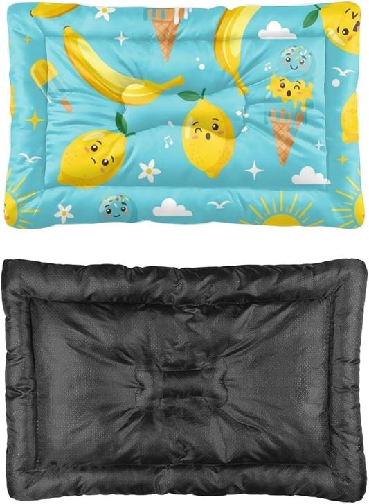 Banana Lemon Treat Turquoise Big Dog Bed Dogs Mat Pet Carrier Pad Crate Cushion Washable Non-Slip Small Dog Bed for Crate Kennel Beds for Crates Mat Cage Accessories Indoor Outdoor 36X24 Inch