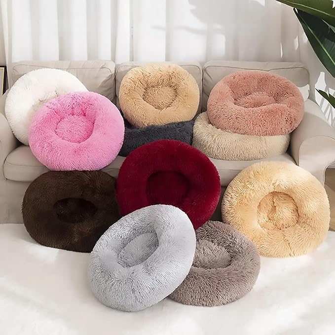 Calming Dog Bed for Small Dogs, Calming Donut Cuddler Pet Bed Anti Anxiety Round Dog Bed Fluffy Plush Faux Fur Cat Bed,Pink,19.7IN