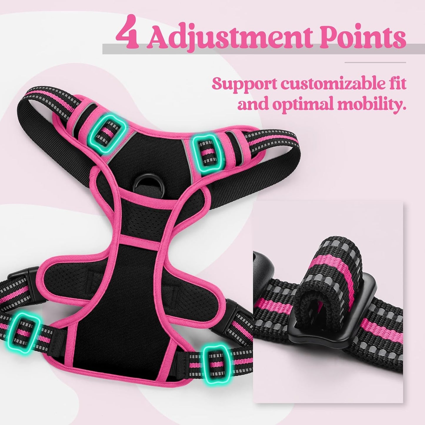 rabbitgoo Dog Harness No Pull with 2 Leash Clips, Adjustable Soft Padded, Reflective Oxford No Choke Pet Vest with Easy Control Handle for Large Dogs, Black & Hot Pink, S