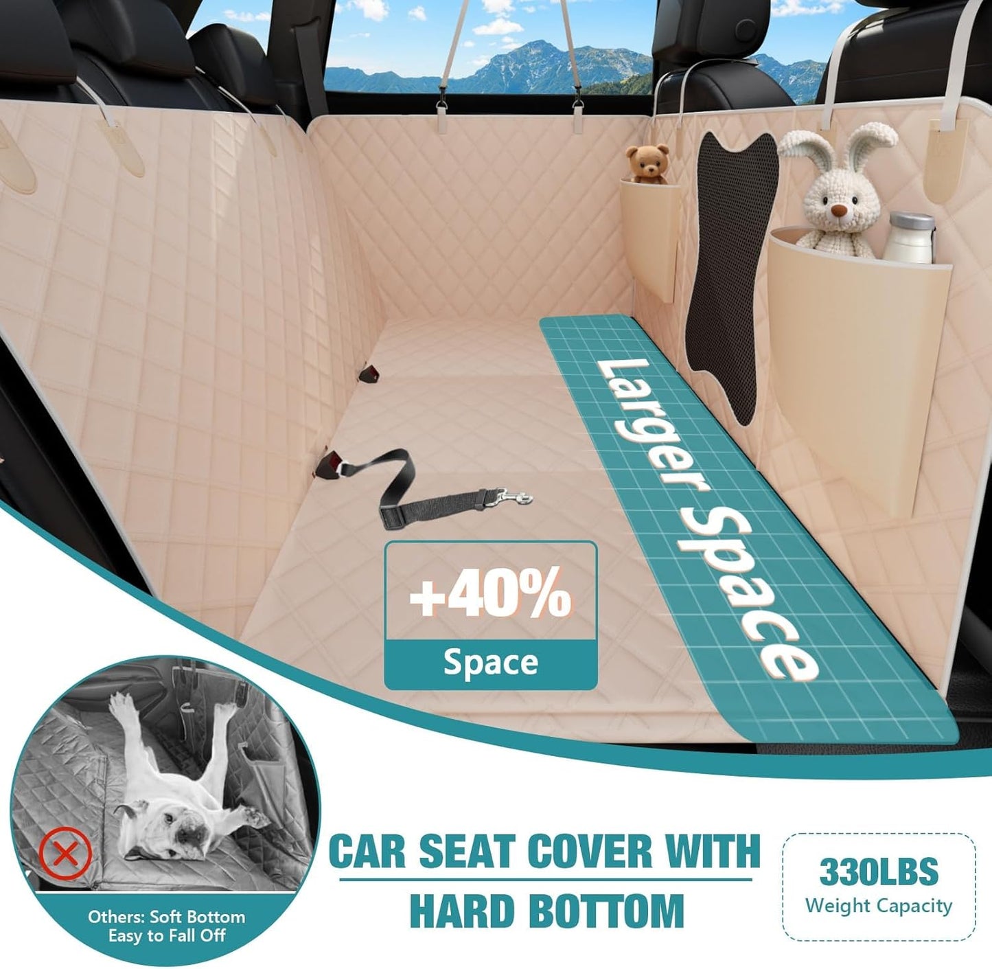Waterproof Dog Car Seat Cover for Back Seat – Heavy Duty Back Seat Extender for Dogs with Hard Bottom, 7-Layer Protection, Non-Slip & Scratchproof, Easy to Install (Beige)