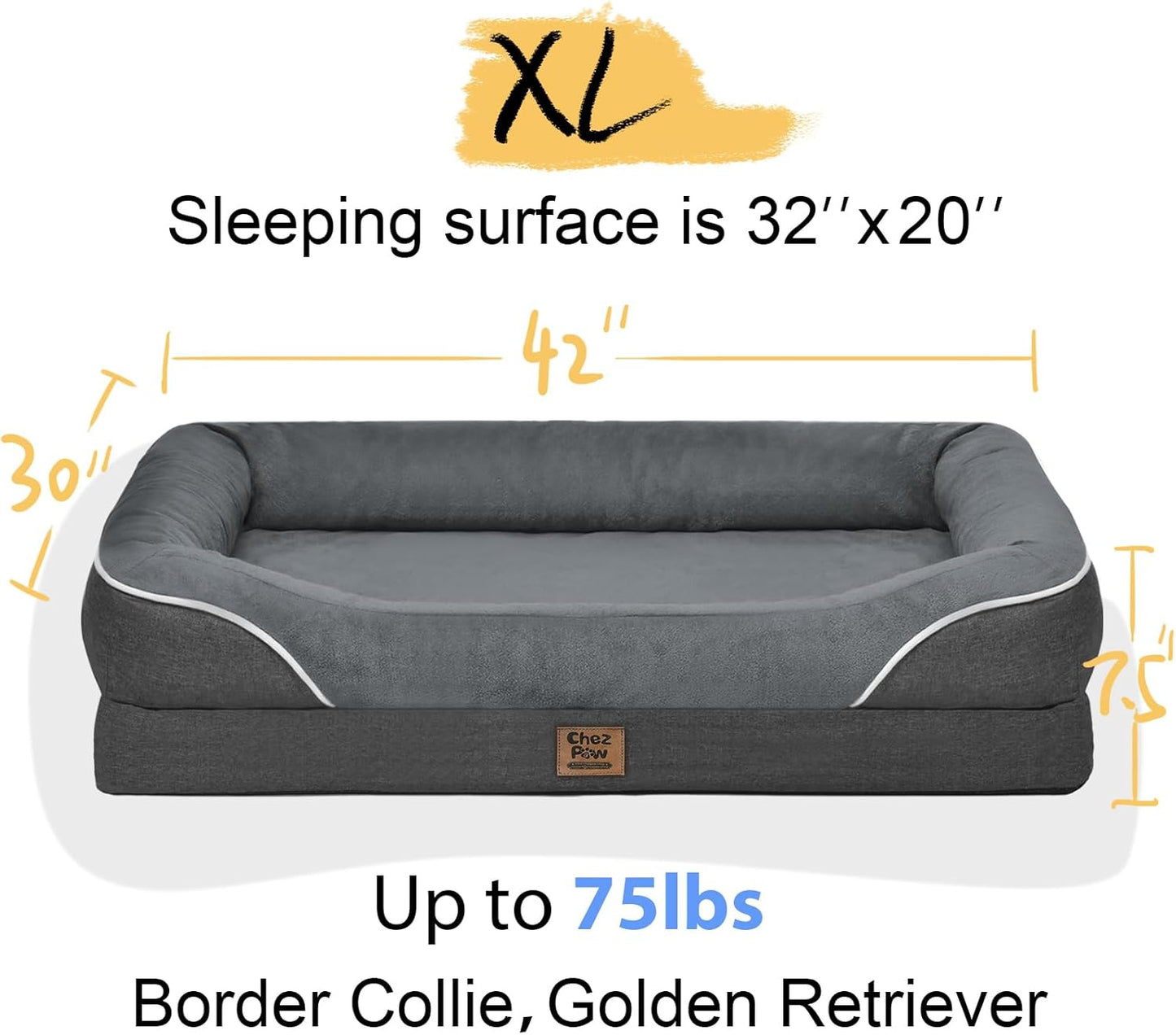Washable Orthopedic Large Dog Bed - Removable Orthopedic Foam Dogs Beds with Bolsters Waterproof Large Dog Bed and Non-Slip Bottom Extra Large Dogs Beds Sofa