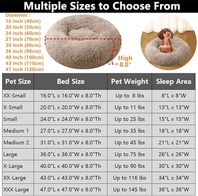 Calming Donut Dog & Cat Bed, 36 Inch Round Fluffy Dog Beds for Small Medium Large Dogs and Cats Anti-Anxiety, Puppy Bed, Washable Round Cozy Soft Pet Bed (Coffee)