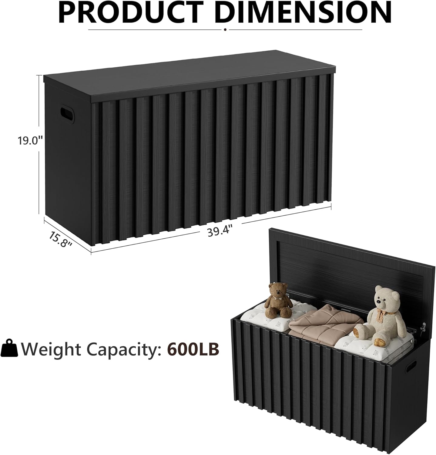 UEV Black Storage Bench Set of 2, 39.4" Fluted Wood Storage Trunk with 2 Safety Hinges, Sturdy Storage Chest, Storage Bench for Bedroom,Entryway, Living Room