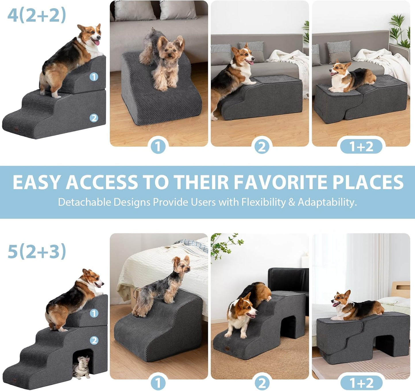 Dog Stairs for High Beds with Tunnel, 5-Step Dog Steps for Small Dogs and Cats, Foldable Pet Stairs for High Bed Climbing, Non-Slip Balanced Pet Step Indoor, Light Grey