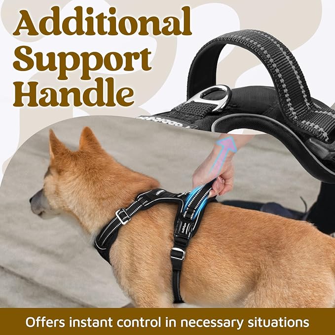 rabbitgoo Dog Harness for Large Dogs, No Pull Pet Vest with 3 Buckles, Adjustable Soft Padded Pet Harness with Easy Control Handle and Reflective Strips, Black, XL
