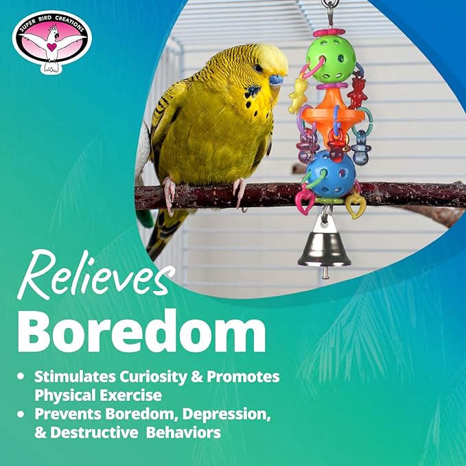 Super Bird Creations SB1083 Binky Bop Bird Toy - Engaging Enrichment Toy for Parrotlets, Parakeets, Cockatiels Toys, Small Plastic Bird Toys with Charms, Ideal for Medium Bird Size, 7.5" x 1.5"