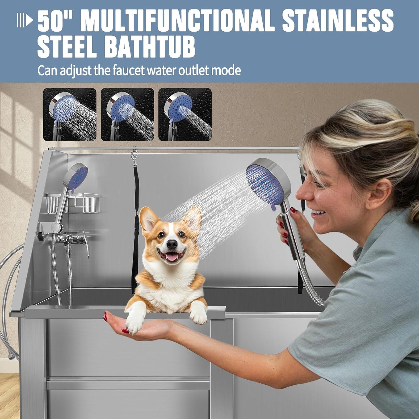 50" Pet Dog Bathing Station W/Ramp, Professional Stainless Steel Dog Grooming Tub W/Soap Box, Faucet,Rich Accessory, Dog Bathtub for Large,Medium,Small Pets, Washing Sink for Home (50" Left ramp)