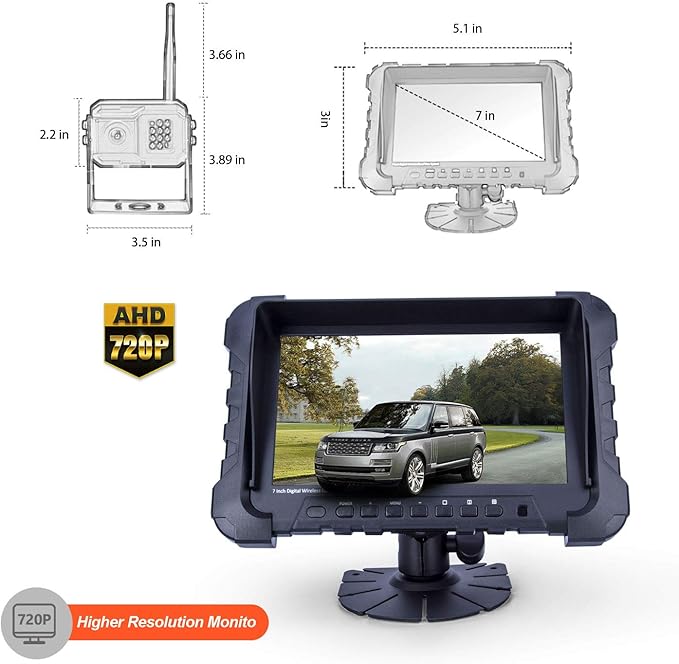Yuwei Digital Wireless Backup Camera System,YW-77211 HD 720P Camera Wireless Reverse System with Night Vision and Wide Viewing Angles, 7inch Wireless Monitor Split Screen for Trailer, RVs
