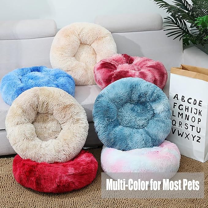 Calming Faux Fur Dog Beds Calming Donut Cuddler Dog Bed Washable Round Cat Bed Pillow Cuddler Fluffy Indoor Dog Calming Beds with Anti Slip Bottom Solid Color Purple 21 Inch