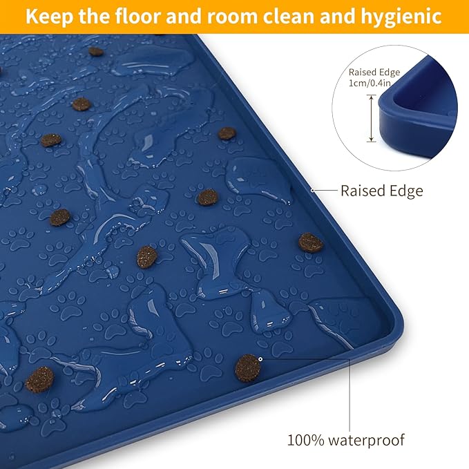 Ptlom Pet Placemat for Dog and Cat, Waterproof Non-Slip Silicone Feeding Bowl Mat Prevent Food and Water Overflow, Puppy Dish Feeder Fountain Trays Suitable for Medium and Small Pets, Navy Blue