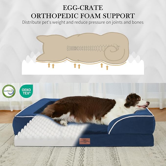 Comfort Expression Orthopedic Dog Bed for Large Dogs 38x25 Inch, Waterproof Supportive Egg Crate Foam Large Pet Bed with Removable Bolsters, Dog Couch with Washable Cover & Non-Slip Bottom, Navy Blue
