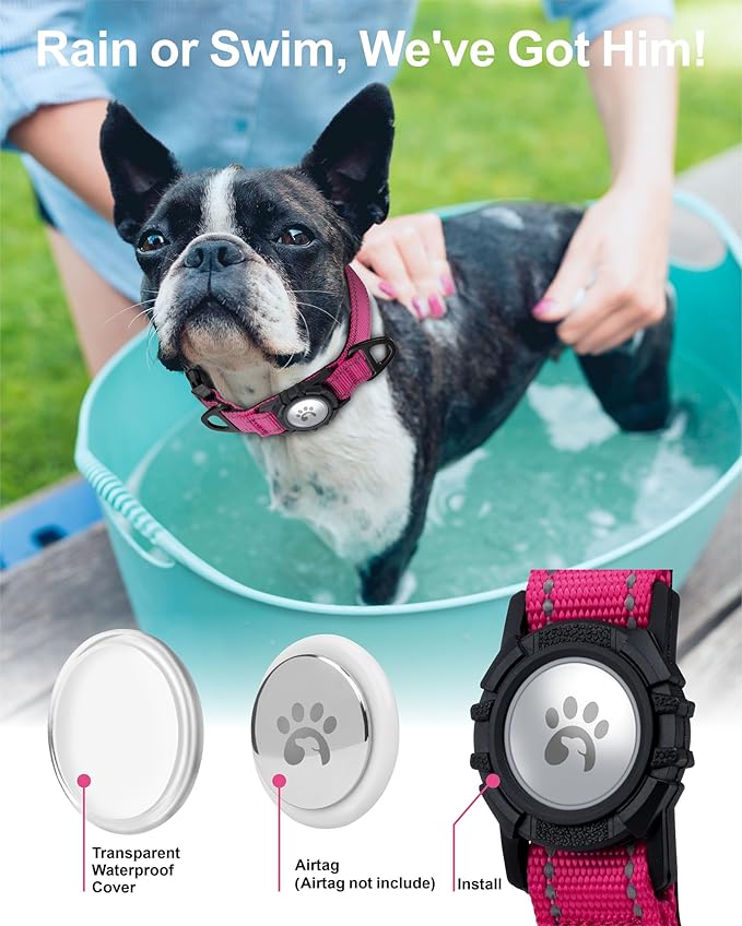 TagME Airtag Dog Collar,Waterproof Reflective Pet Collar with Airtag Holder,Soft Padded and Double D-Rings for Small Dogs,Hot Pink