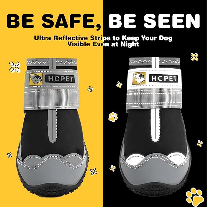 Hcpet Dog Shoes for Large Dogs, Waterproof Dog Booties for Small Medium Dogs, Anti-Slip Dog Boots & Paw Protectors for Hot Pavement Winter Snow Hiking with Reflective Straps Black Size 3