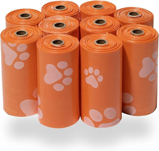 Best Pet Supplies Dog Poop Bags (150 Bags) for Waste Refuse Cleanup, Doggy Roll Replacements for Outdoor Puppy Walking and Travel, Leak Proof and Tear Resistant, Thick Plastic - Orange